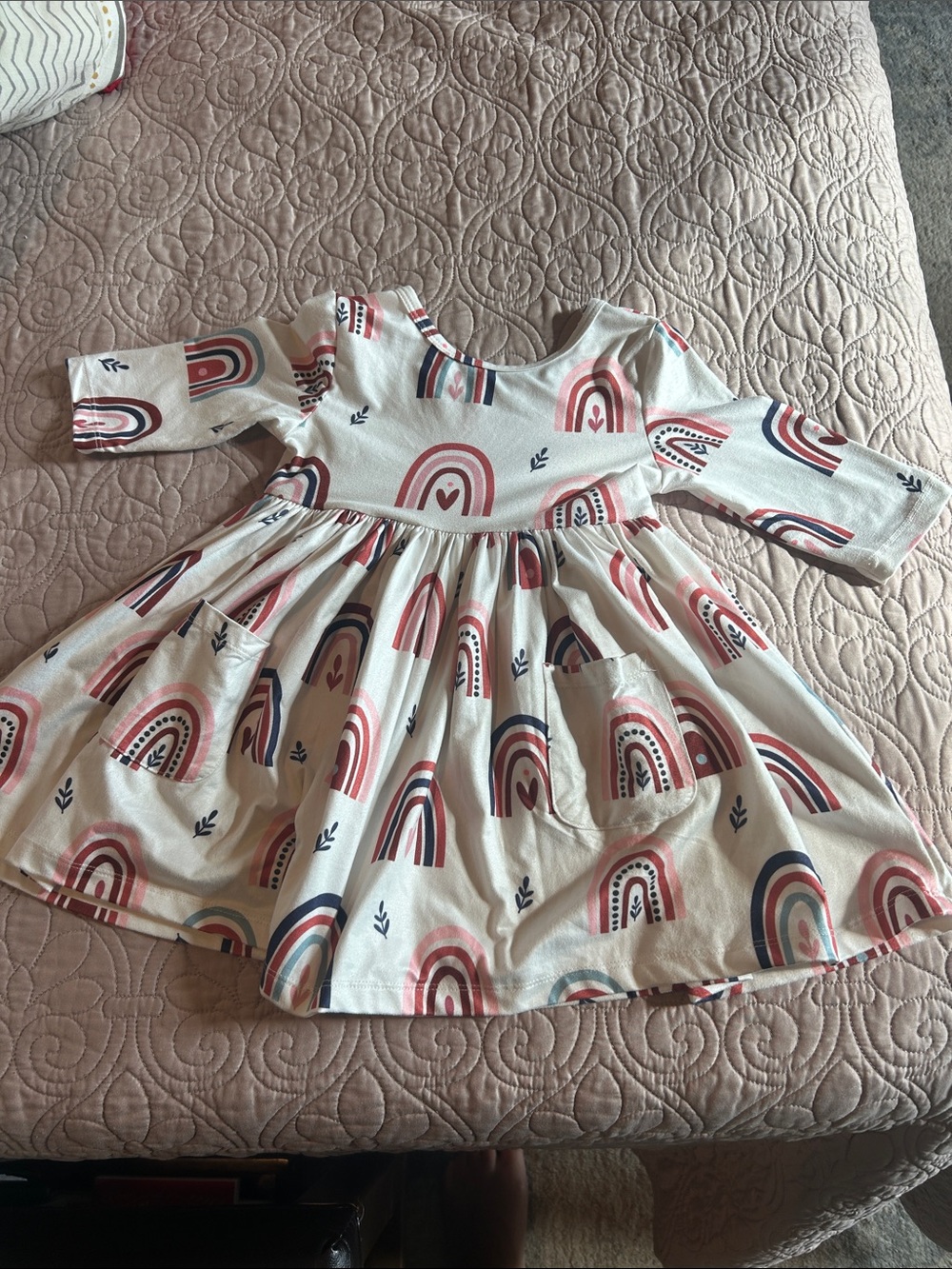 Girls' Cream Long-Sleeve Dress with Pink and Blue Rainbow Print